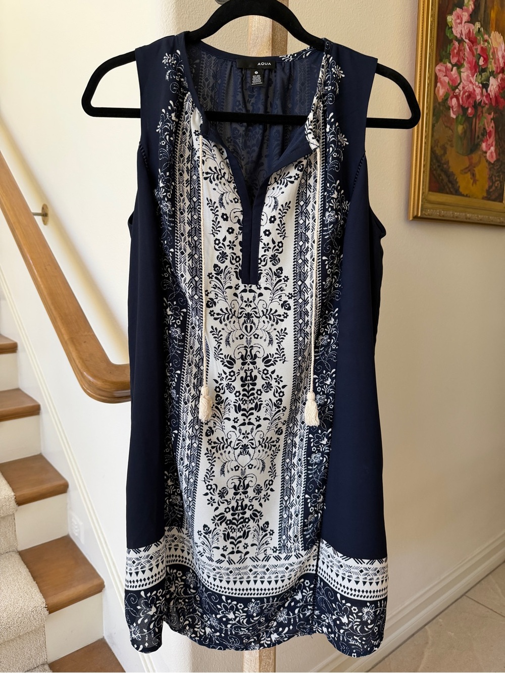 Aqua Navy and White Printed Sleeveless Boho Tunic